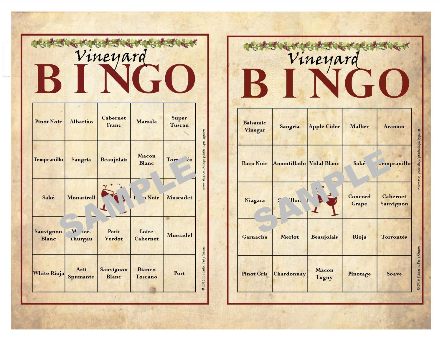 30 Printable Vineyard Bingo Cards, Instant Download, Wine