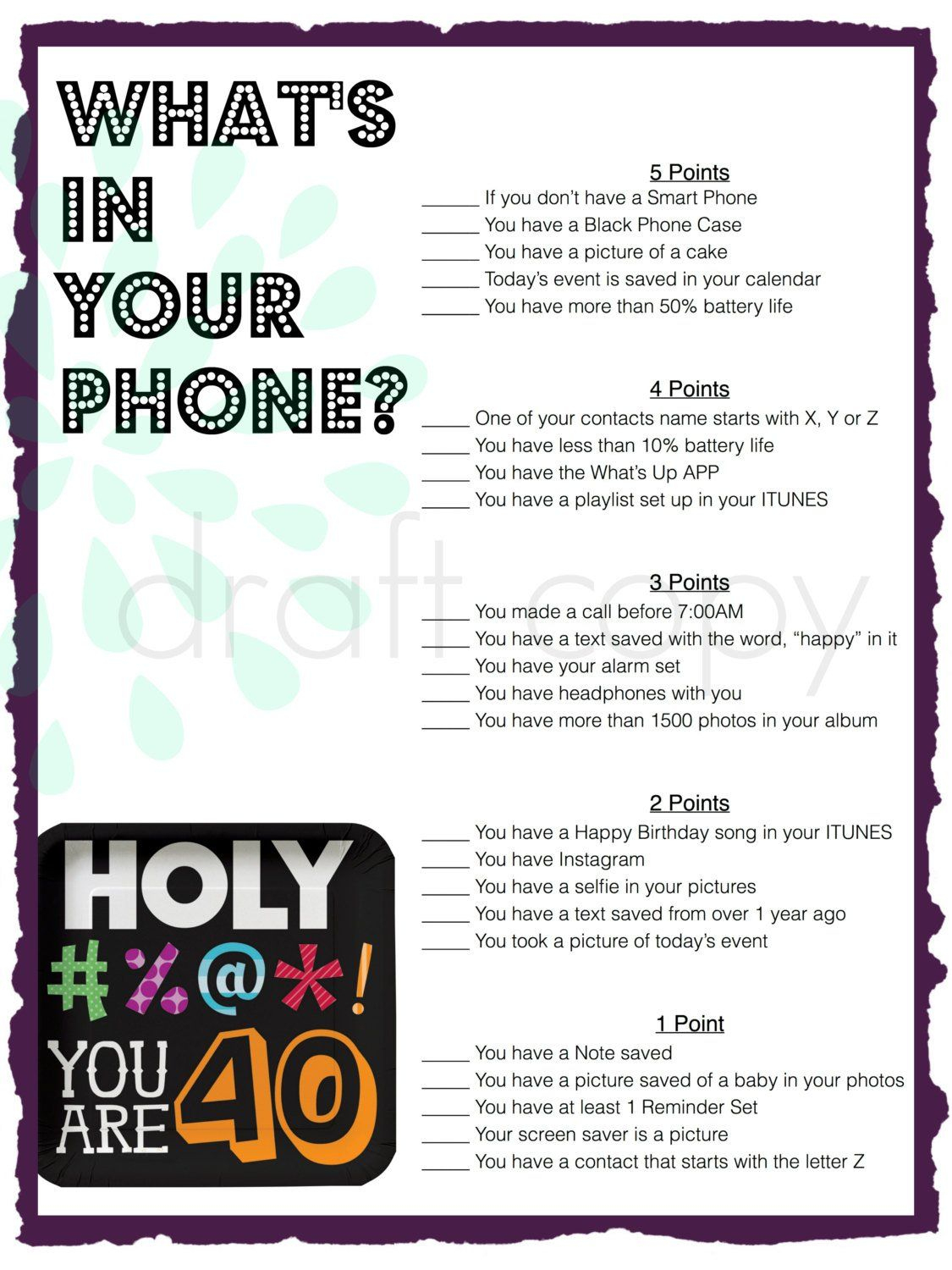 40Th Birthday Party Game Whats In Your Phone | 40Th Birthday