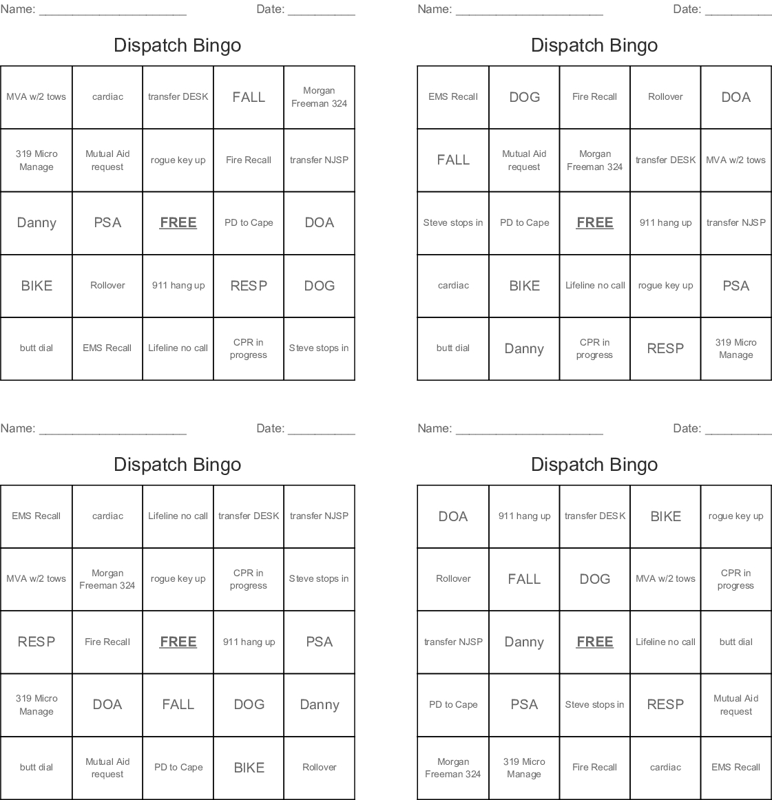 911 Dispatcher Bingo Cards - Wordmint - Printable Bingo Cards