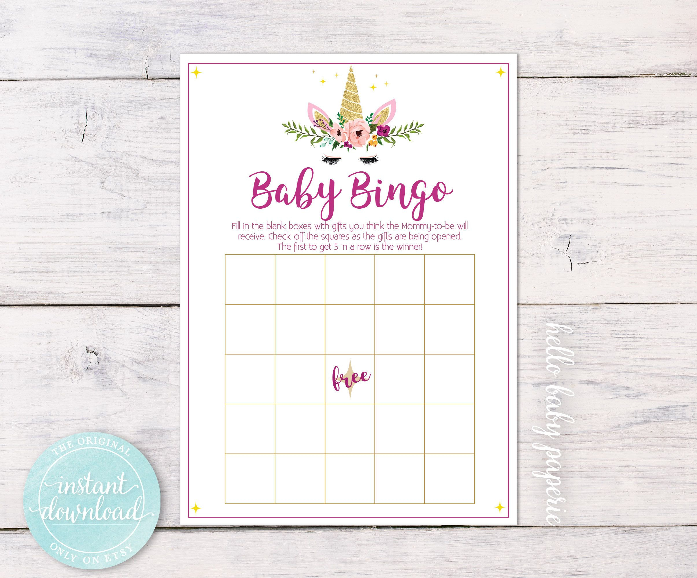 Baby Shower Bingo, Bingo Cards, Baby Shower Game, Unicorn