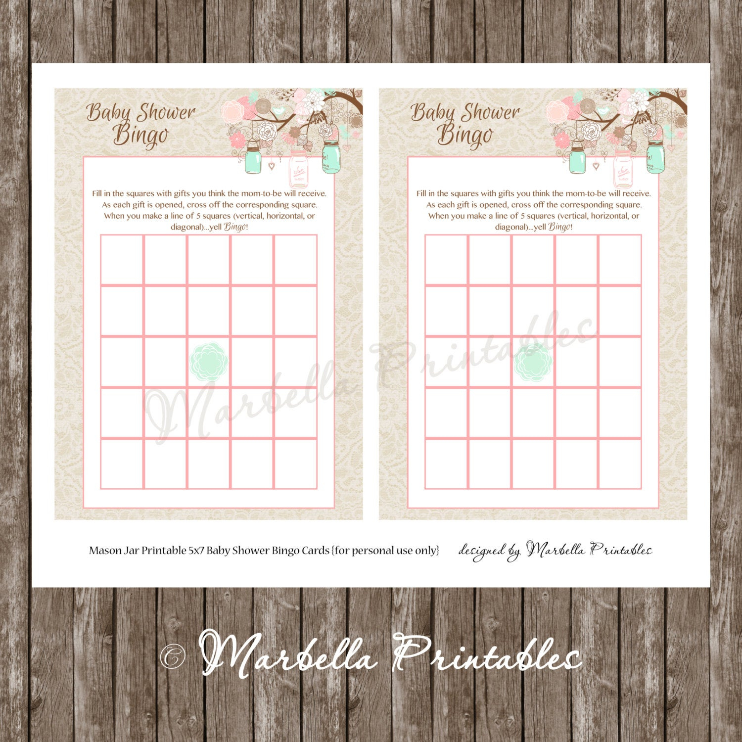 Baby Shower Bingo Cards-Mason Jar Mint + Coral Vintage Lace Bingo  Cards-Printable-Instant Download-Baby Shower Games-Mason Jar-Lace