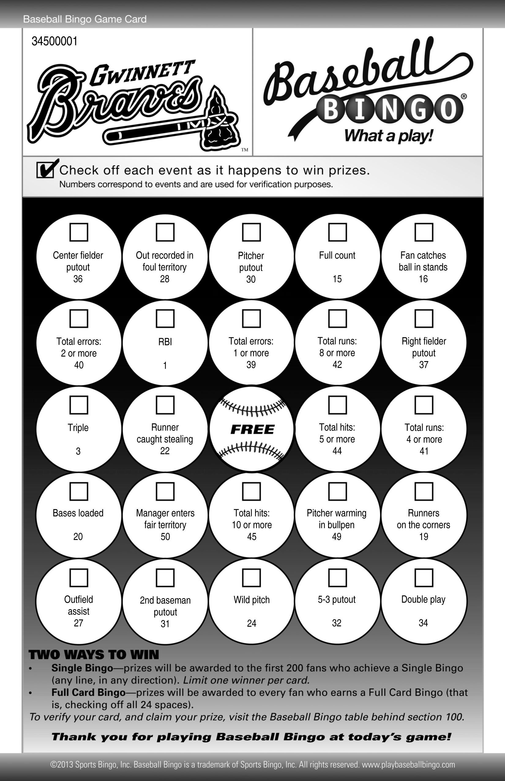 Baseball Bingo Game Card Http://playsidelinesports