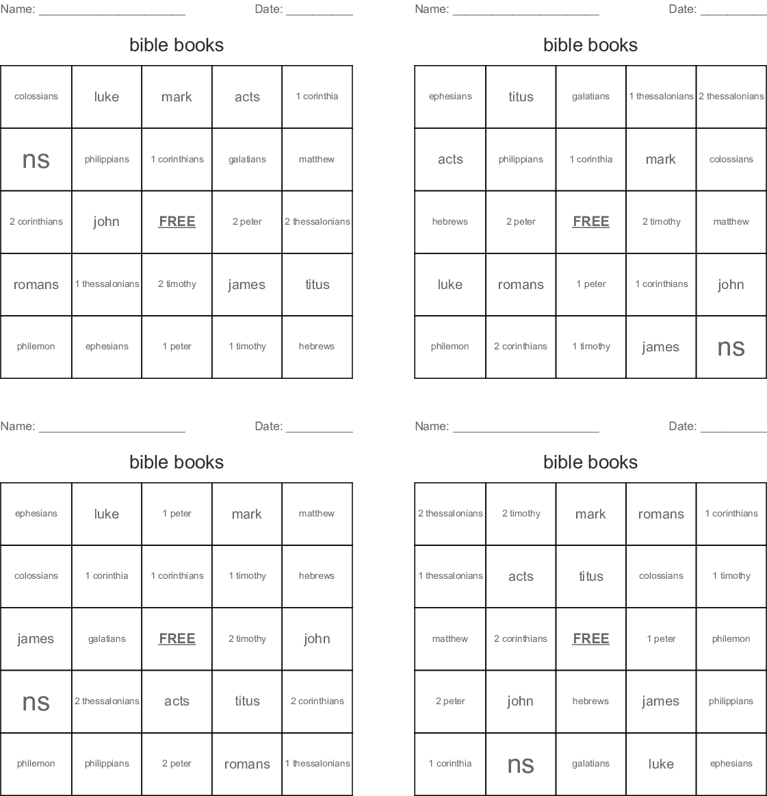 Bible Books Bingo Cards - Wordmint