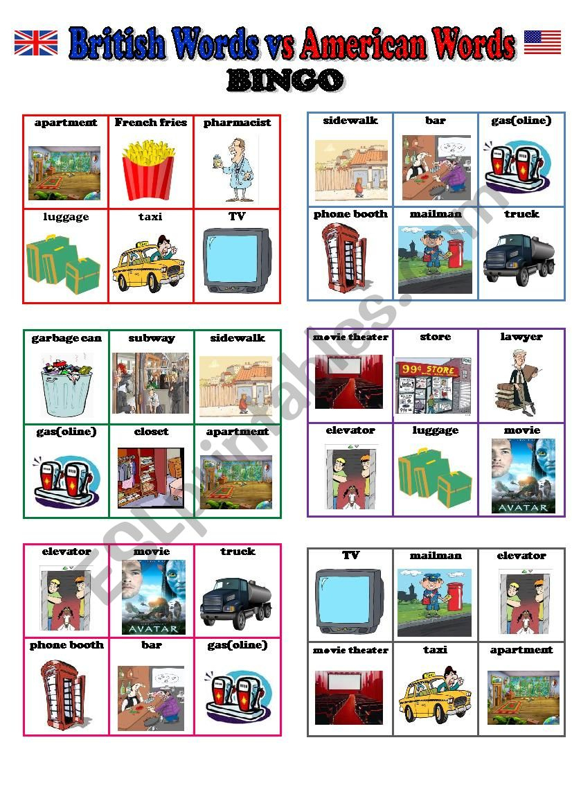 Bingo (British English Vs American English) - 24 Different