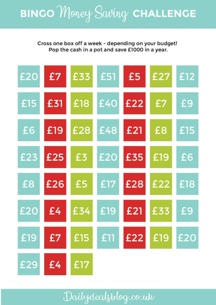 Bingo Money Saving Challenge - Free Printable To Save £1000