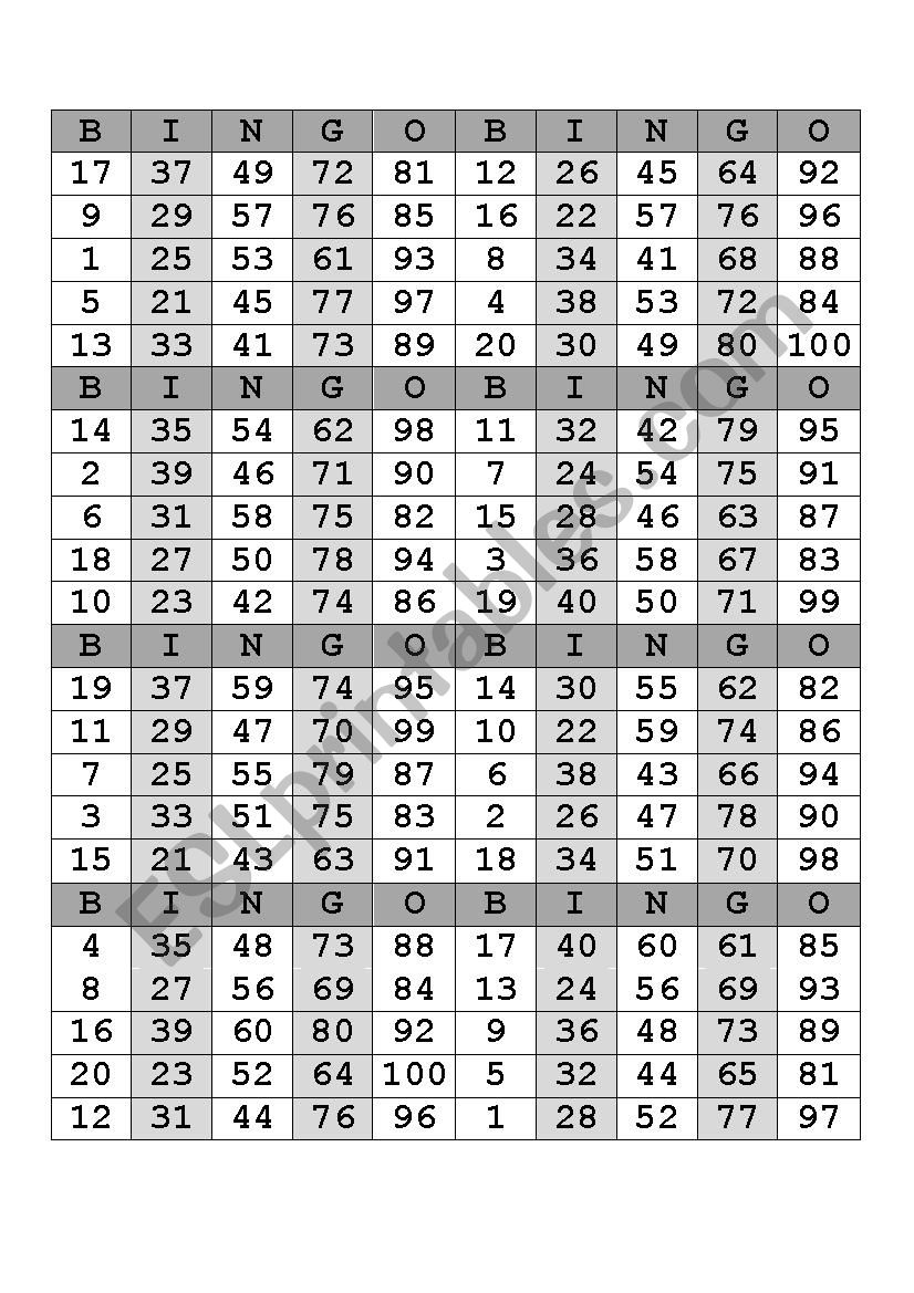 Bingo Numbers 1-100 - Esl Worksheetanacathylc