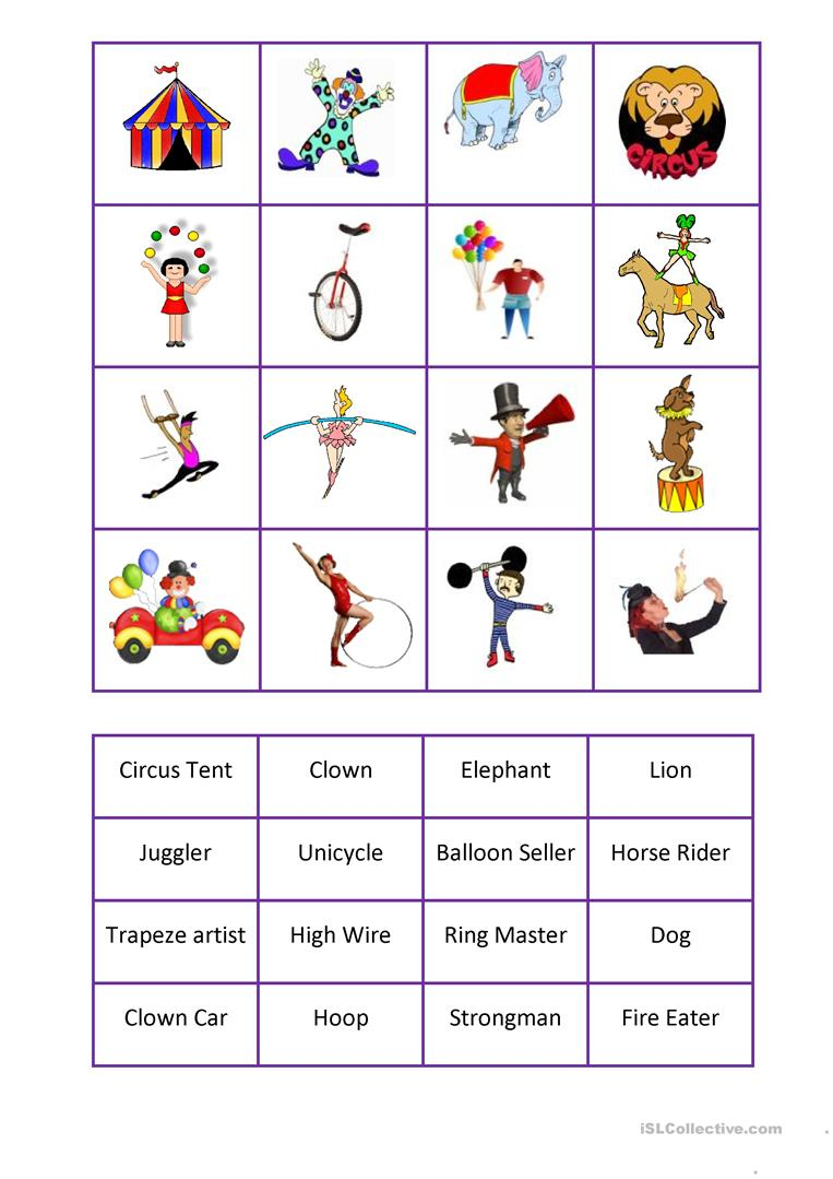 Circus Bingo - English Esl Worksheets For Distance Learning