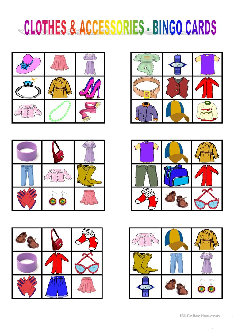 Clothes &amp;amp; Accessories - Bingo Cards - English Esl Worksheets