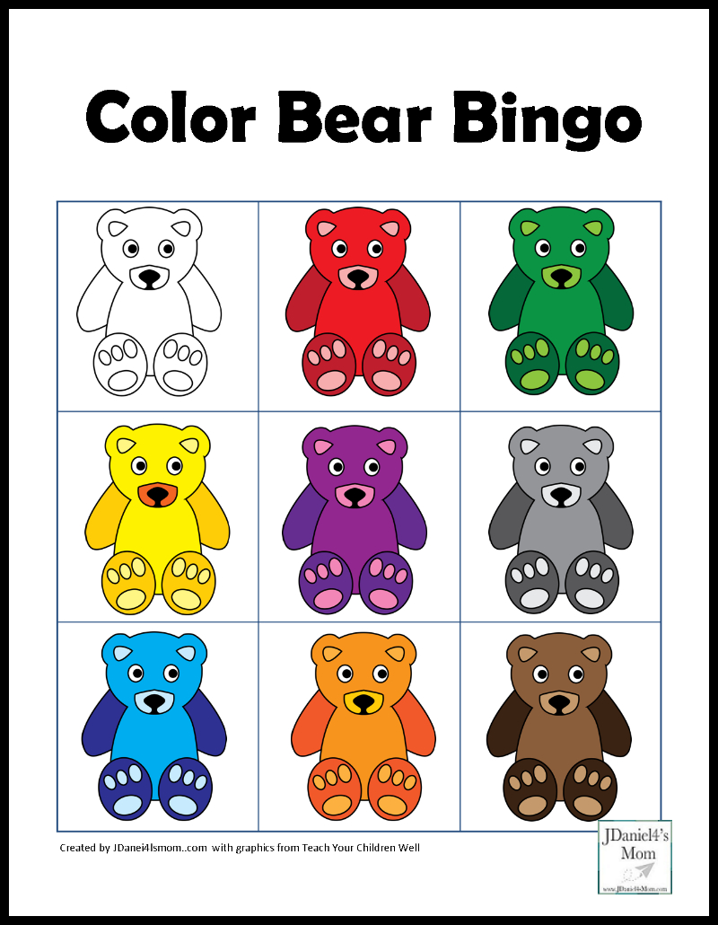Color Games For Kids With A Bear Theme - Bingo Card