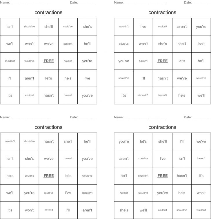 Printable Contraction Bingo Cards