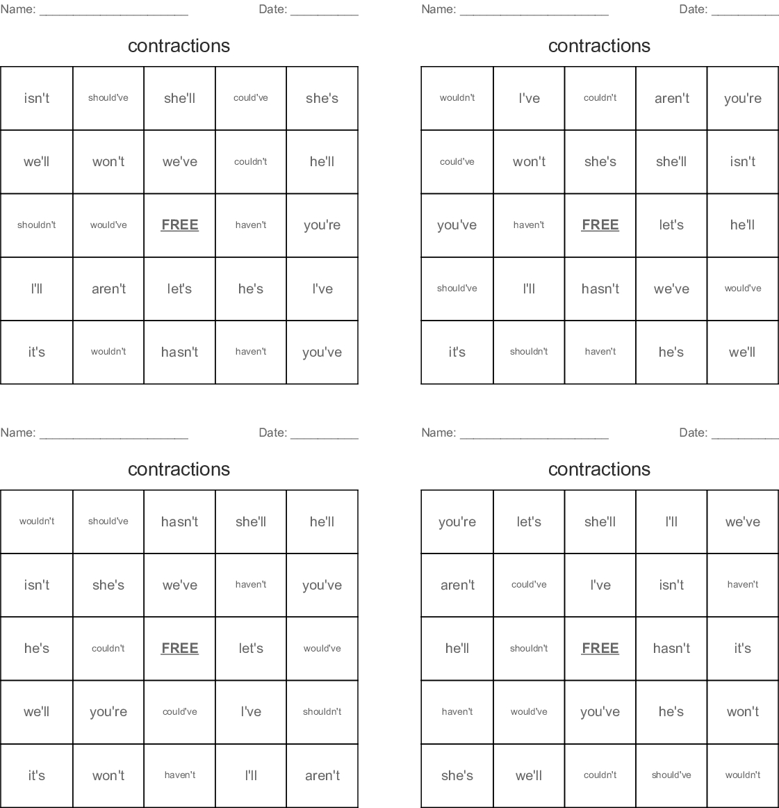 Contractions Word Search - Wordmint