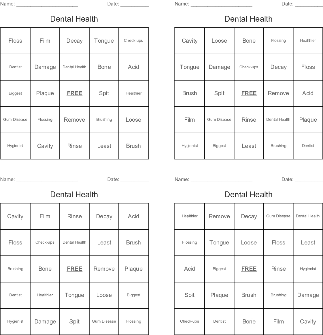 Dental Health Bingo Cards - Wordmint