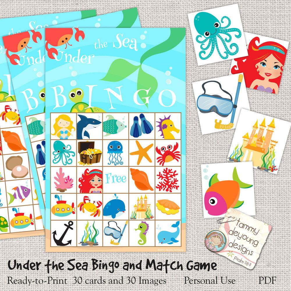 Digital Under The Sea Bingo, Printable Mermaid Bingo, Ocean