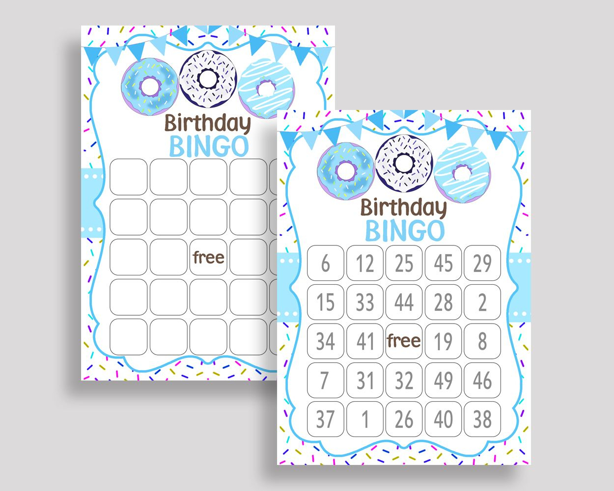 Donut Bingo Game Cards, Donut Birthday Game, Printable Blue