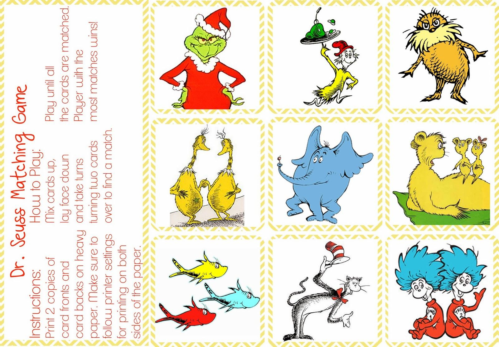 Dr Seuss Matching Game Printable