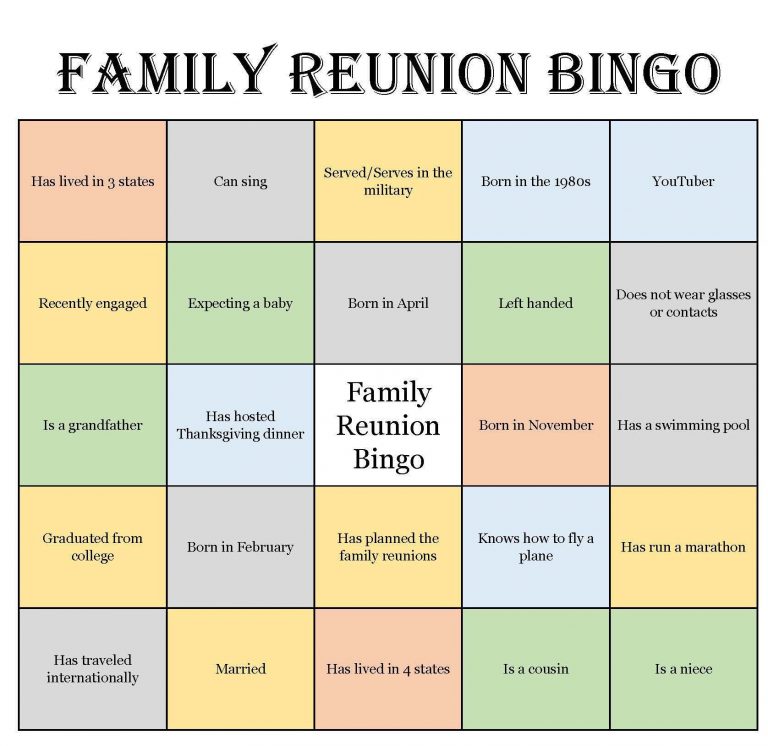 Family Reunion Bingo Cards (Mix & Mingle Style Bingo Printable Bingo