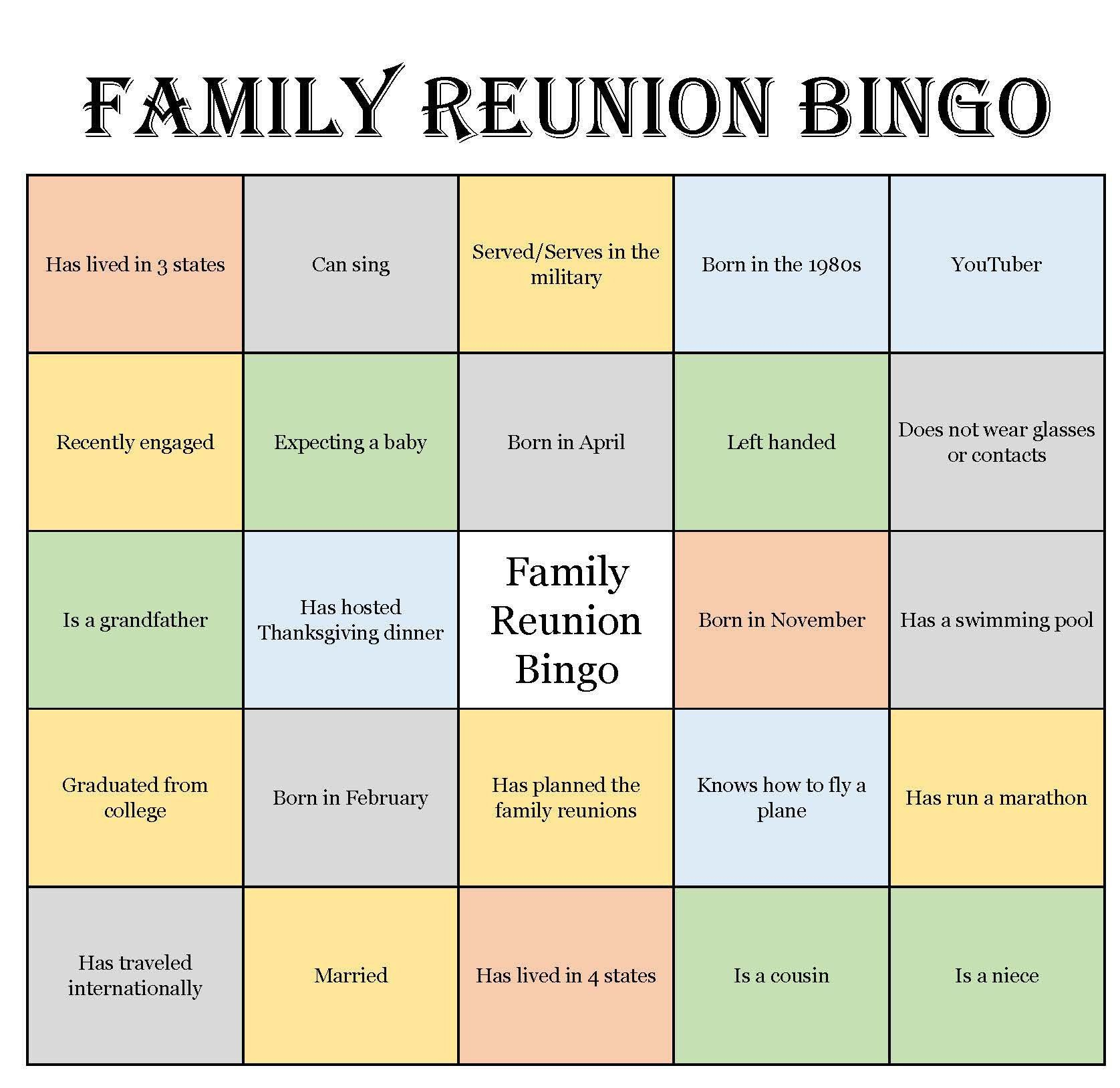 Family Reunion Bingo Cards (Mix &amp;amp; Mingle Style Bingo