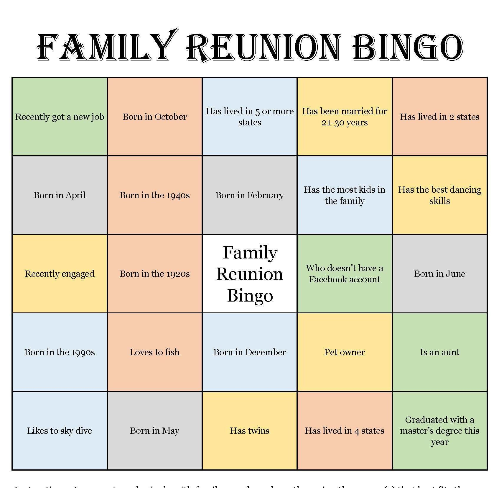 Family Reunion Bingo Cards Printable Printable Bingo Cards