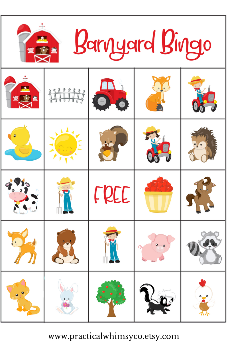 Farm Animal Birthday Party Game, Barnyard Bingo Cards For