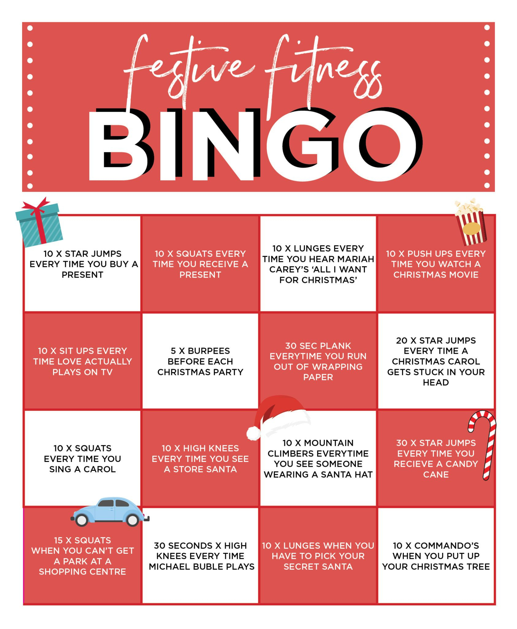 Festive Fitness Bingo | Card Workout, Bingo, Movie Workouts