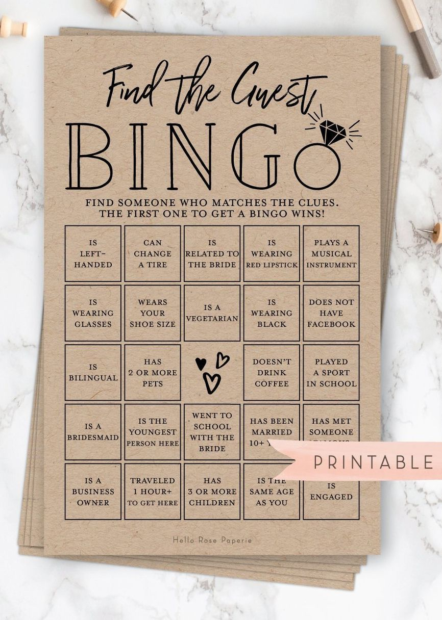Find The Guest Bingo . Printable Bridal Shower Fun