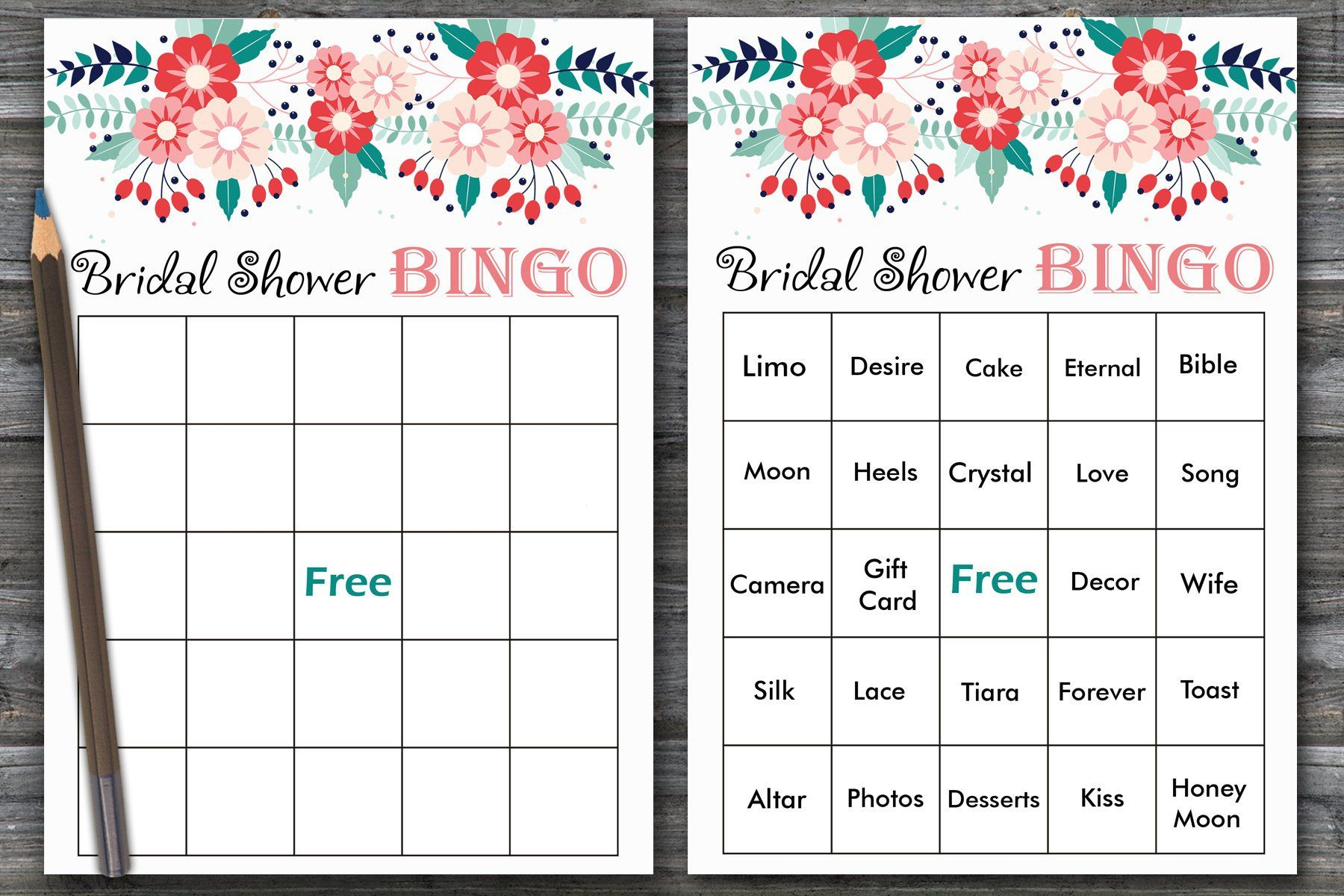 Floral Bridal Shower Bingo, Spring Flowers Bridal Shower, 60