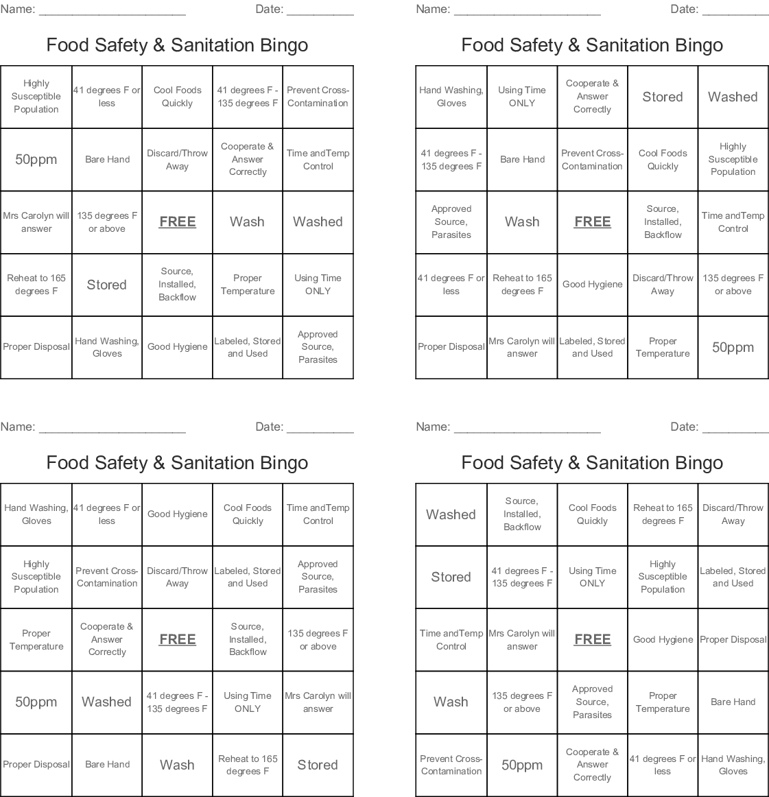 Food Safety &amp;amp; Sanitation Bingo - Wordmint