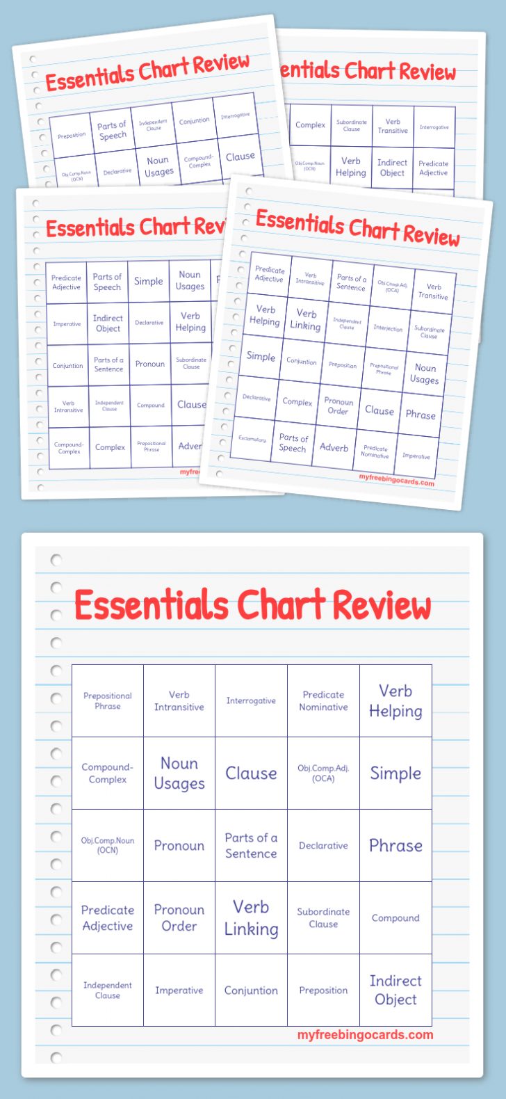 Printable Grammar Bingo Cards