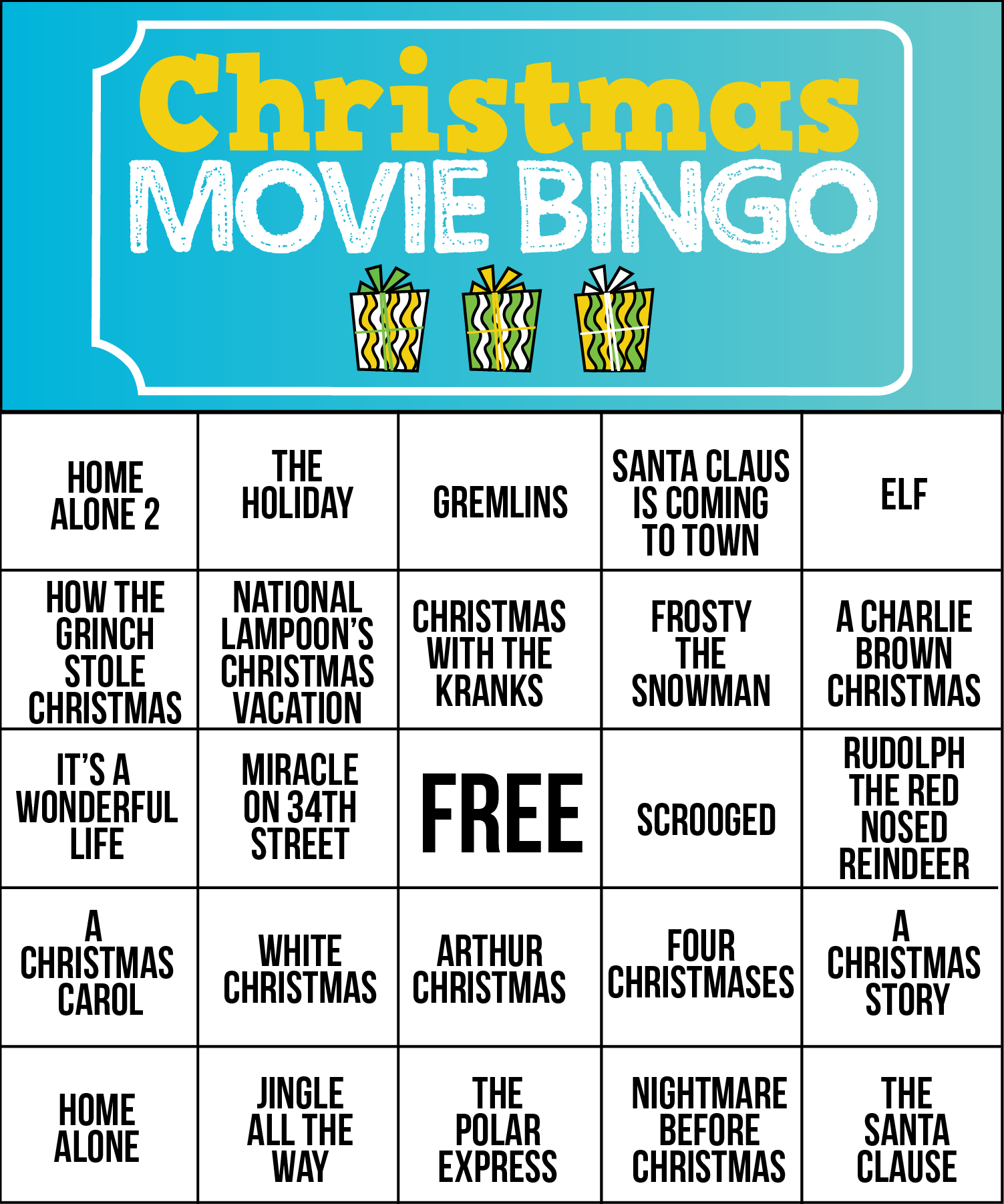 Free Printable Holiday Movie Christmas Bingo Cards