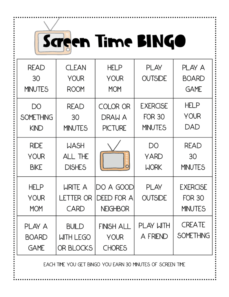 Free Printable Screen Time Bingo Game For Teaching