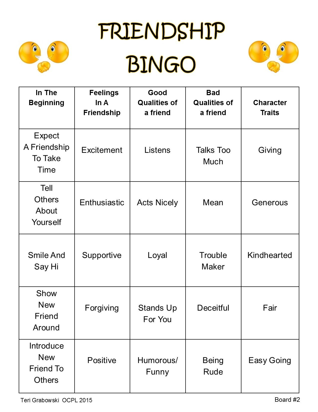 Friendship Bingo Card #2 | Bingo Cards, Bingo, Social Work