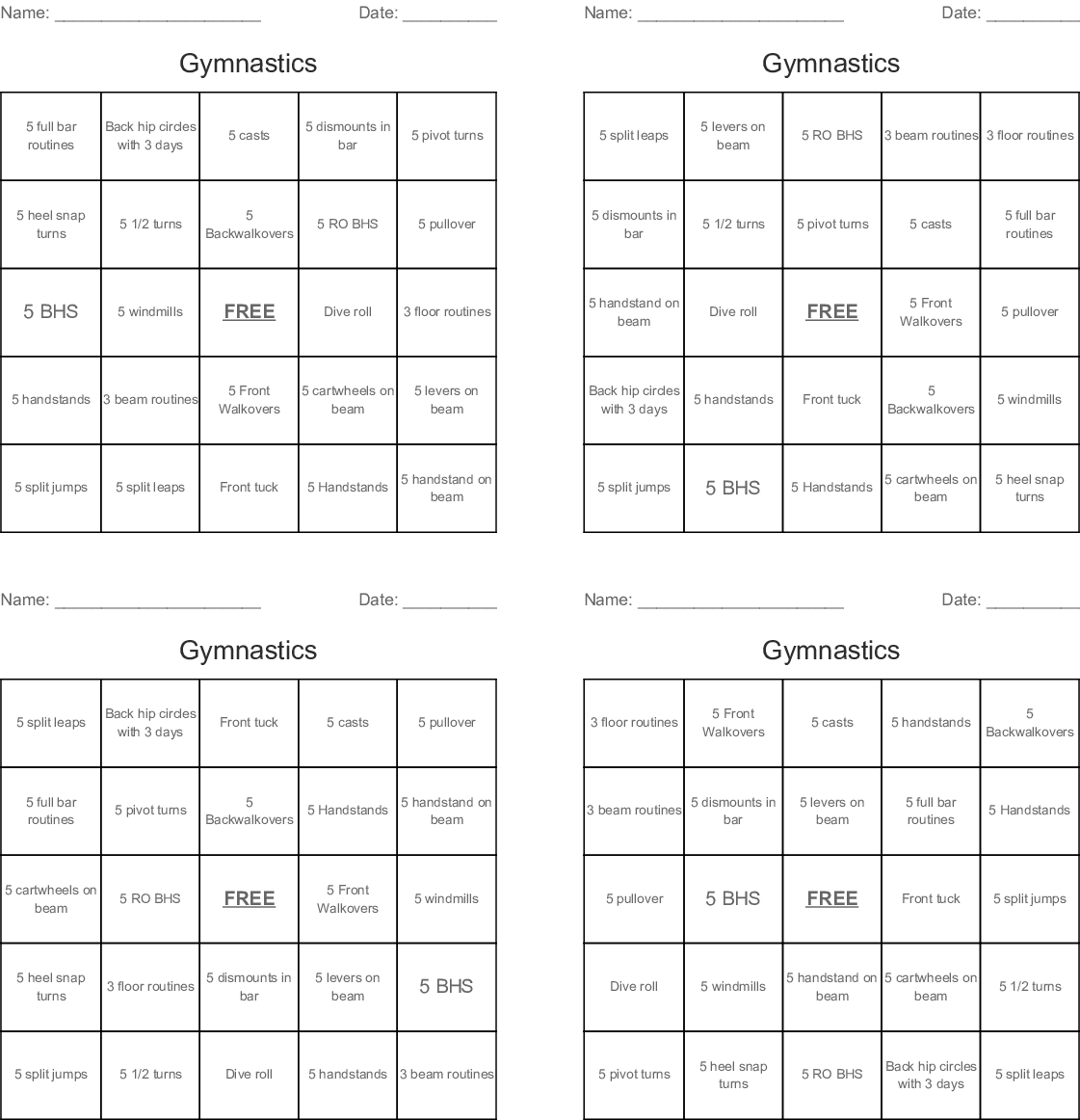 Printable Free Gymnastics Bingo Cards