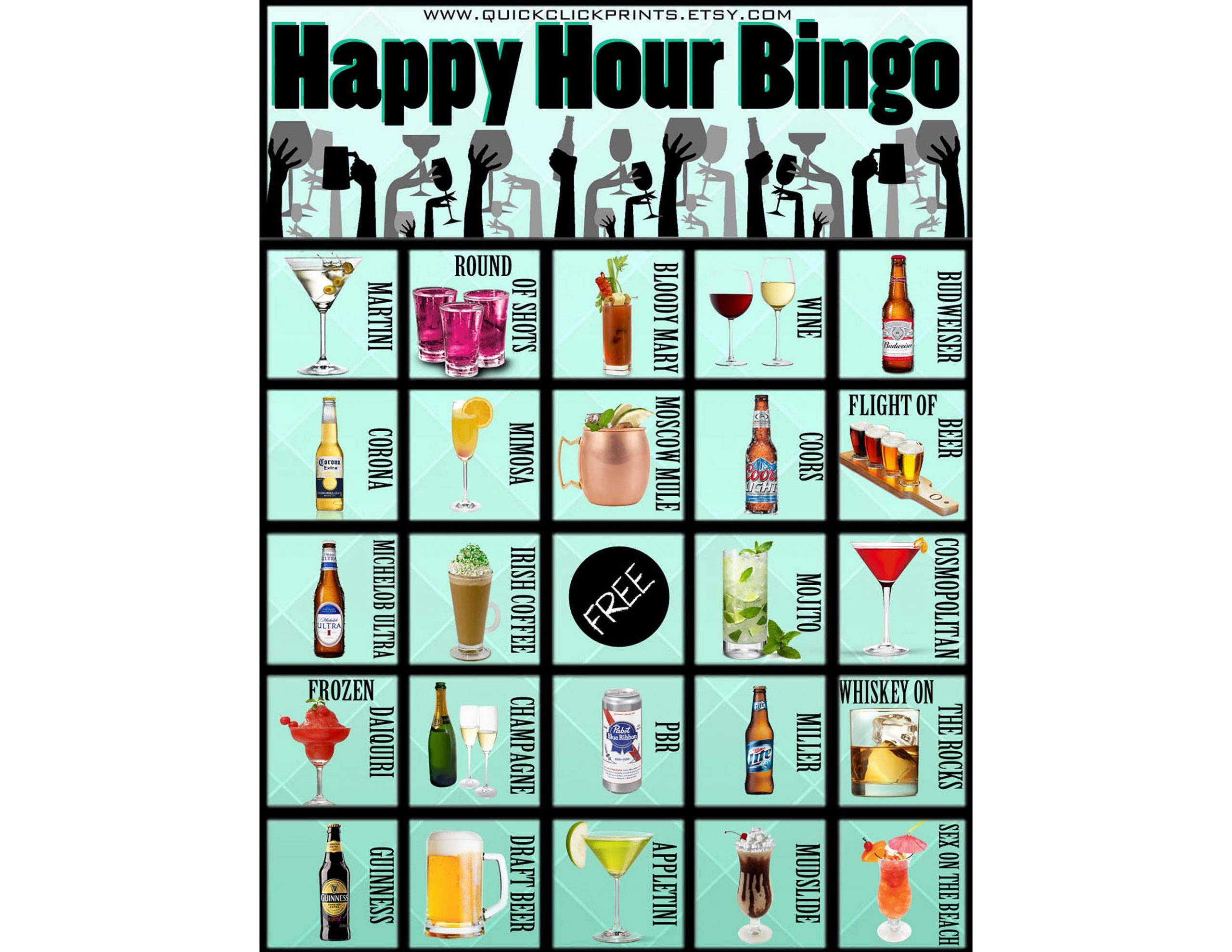 Happy Hour Bingo -28 Cards -Pub Crawl -Beer -Cocktail