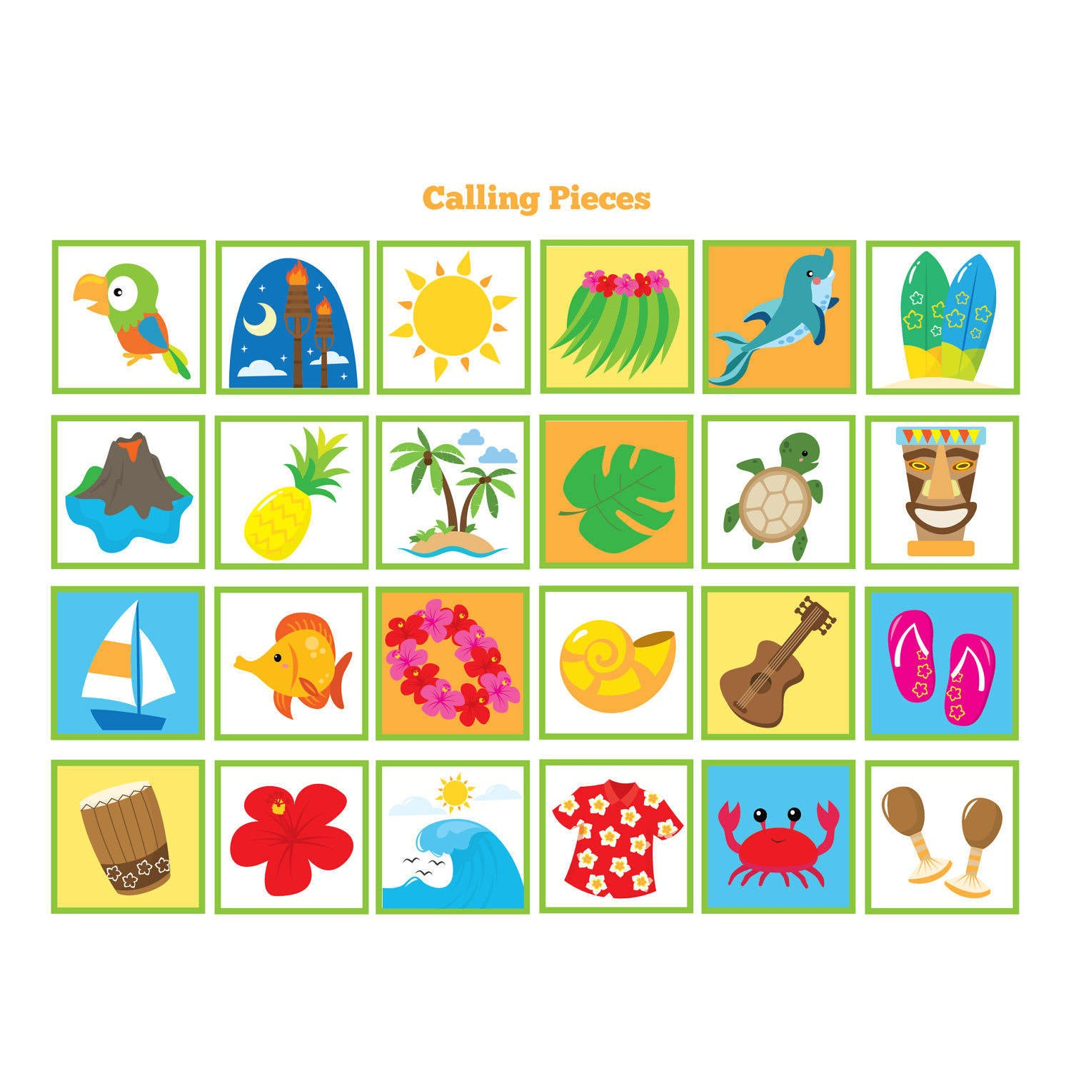 Hawaiian Bingo Game - Kid's Printable Bingo Game, 60 Cards