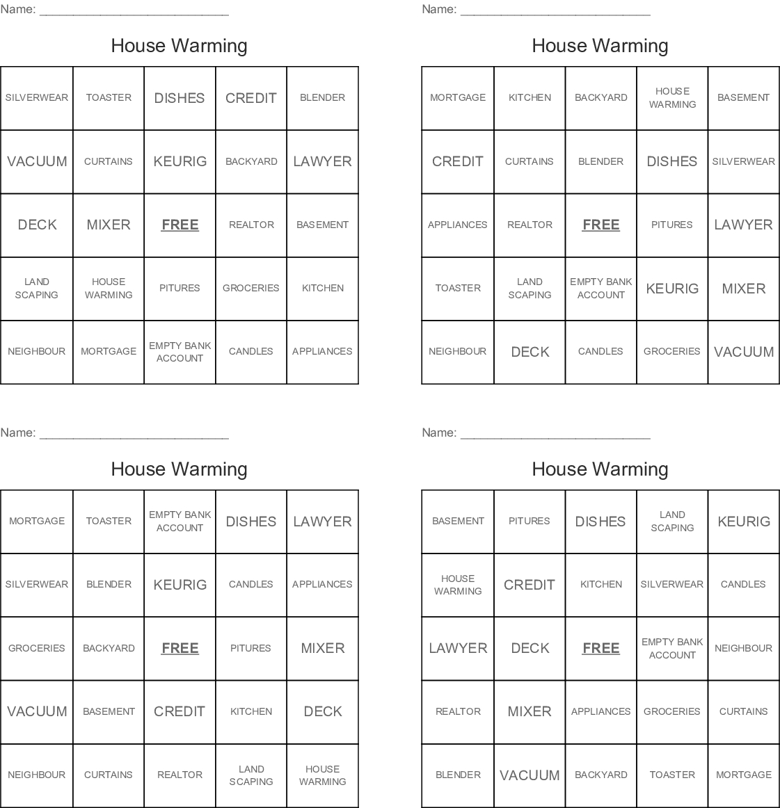 Housewarming Bingo - Wordmint