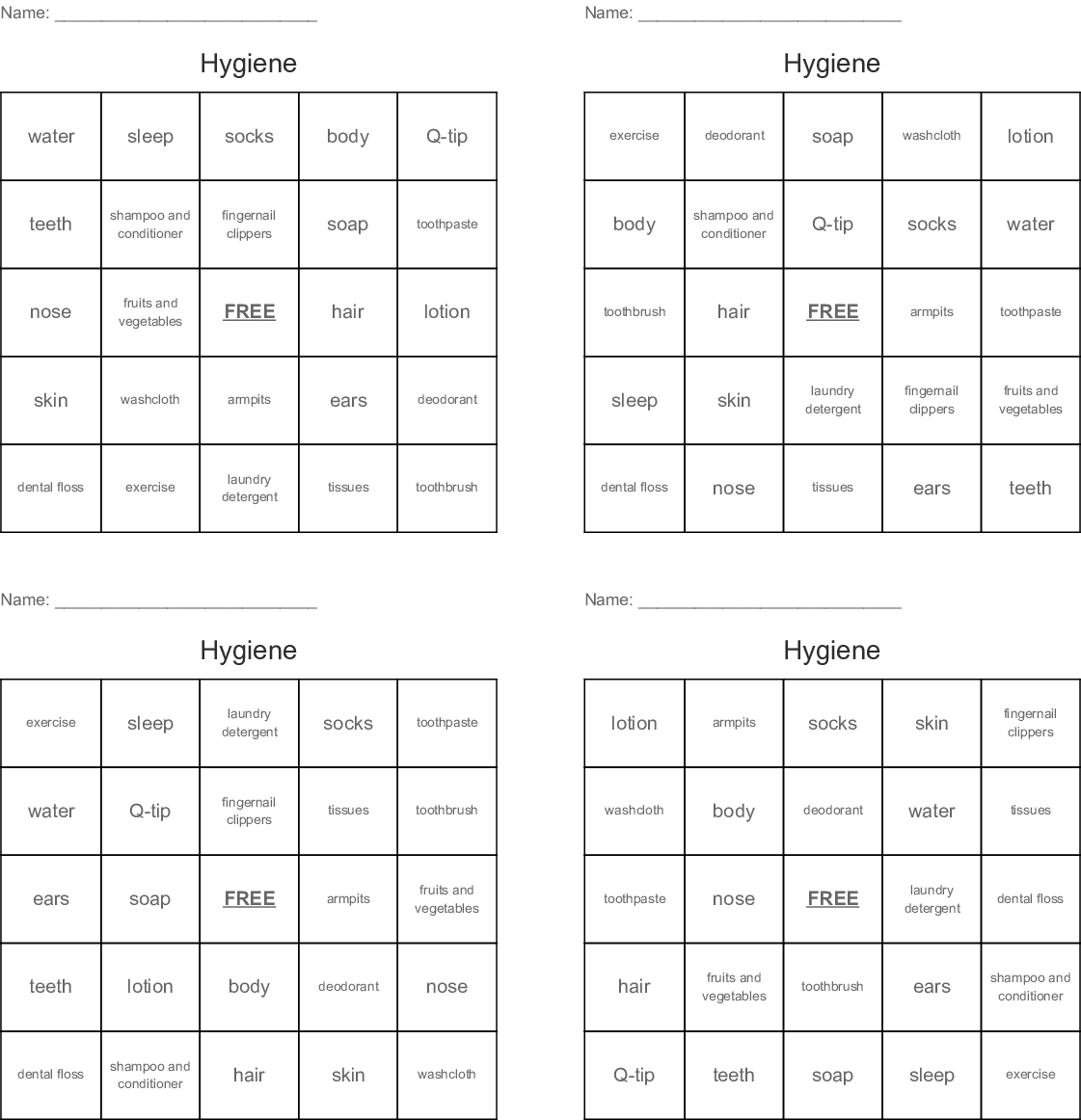 Hygiene Bingo Cards - Wordmint