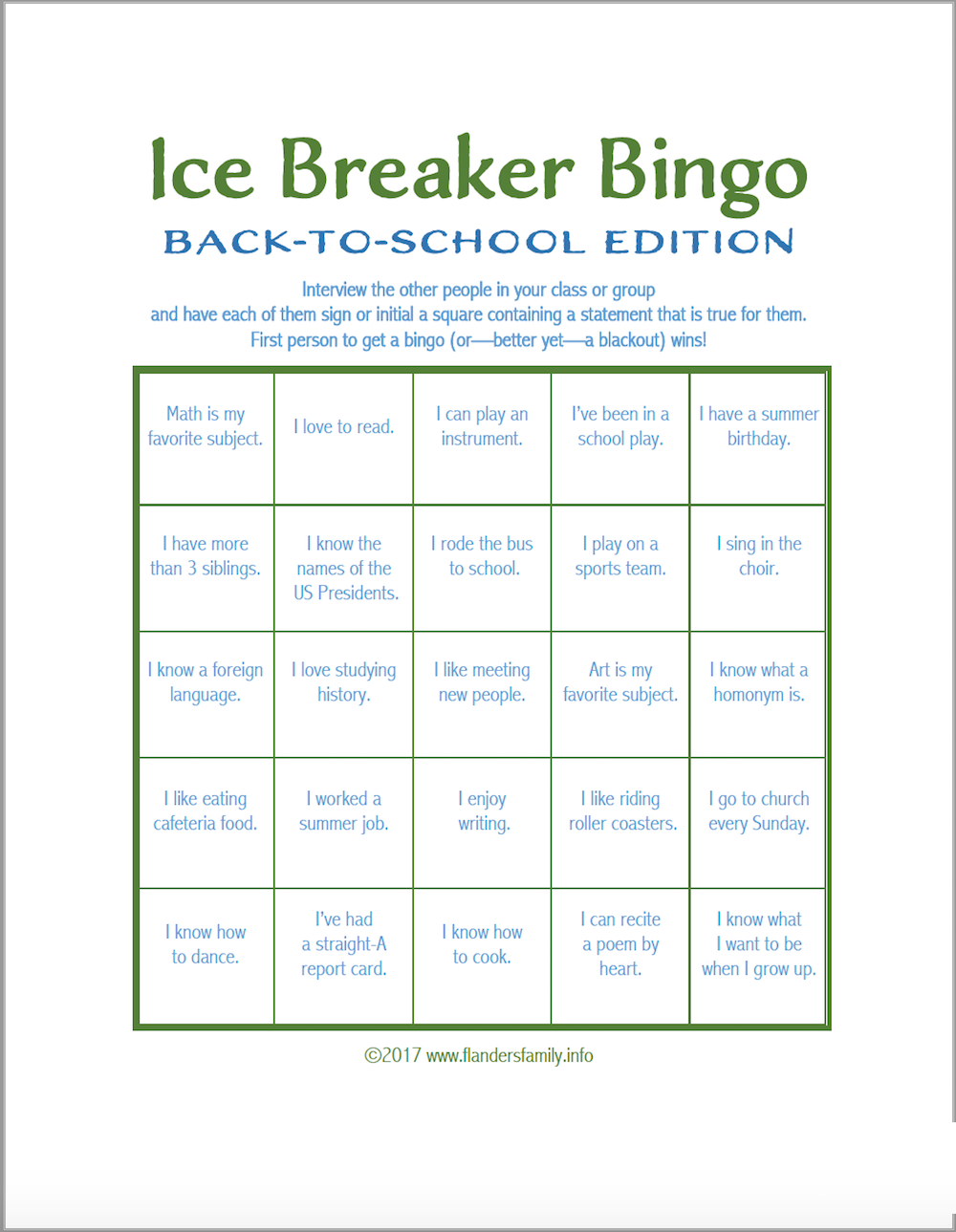 Ice Breaker Bingo: Back-To-School Version - Flanders Family