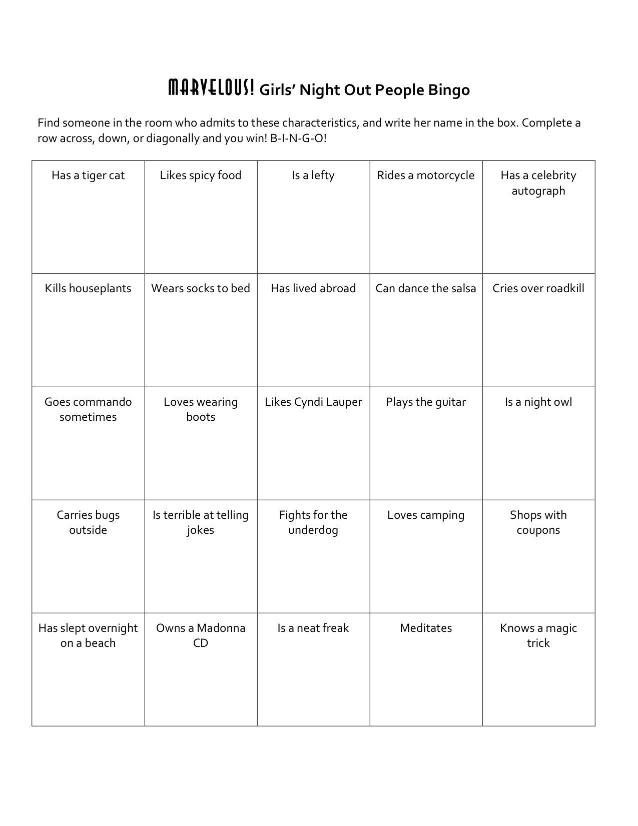 Ice Breaker - Girls Night Out People Bingo - Printable