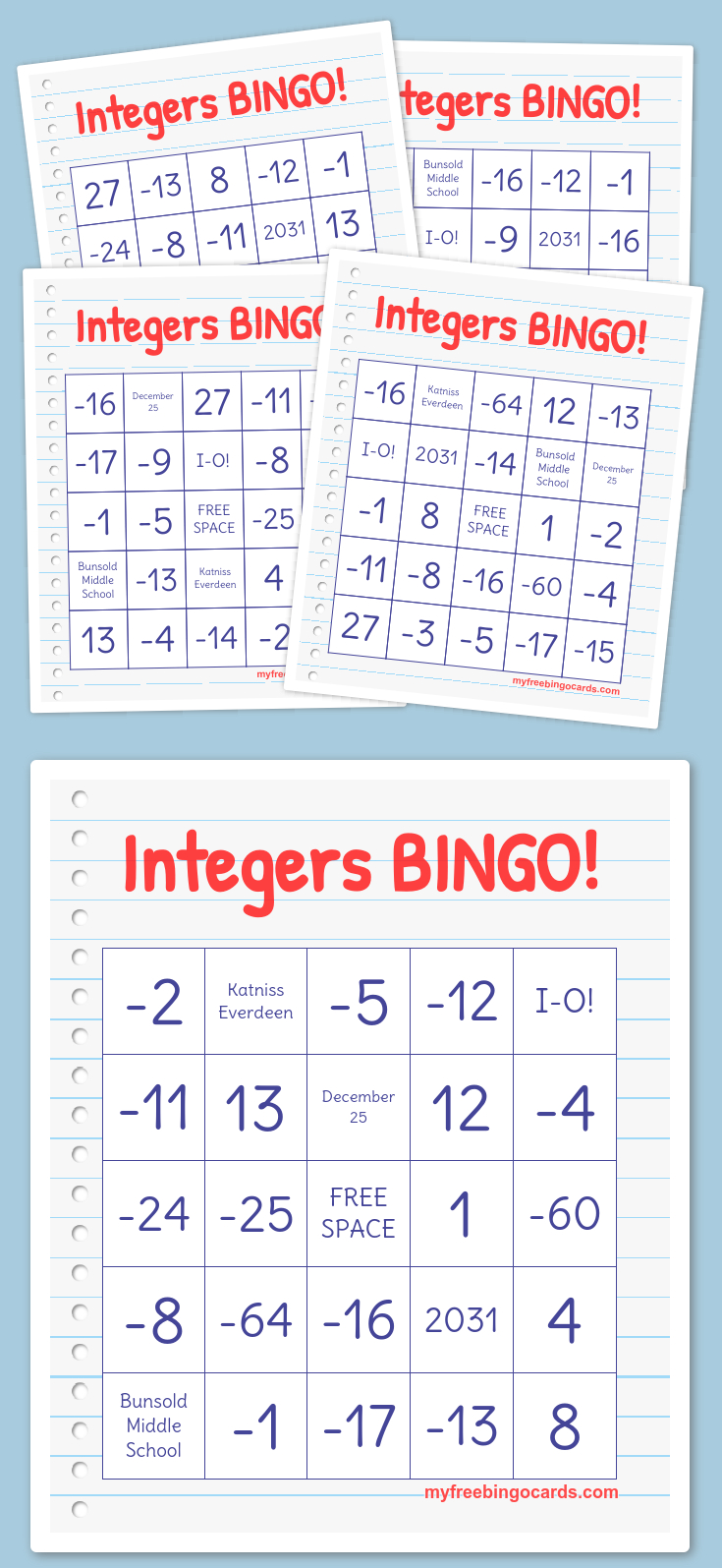 Integers Bingo! | Free Bingo Cards, Bingo Card Generator