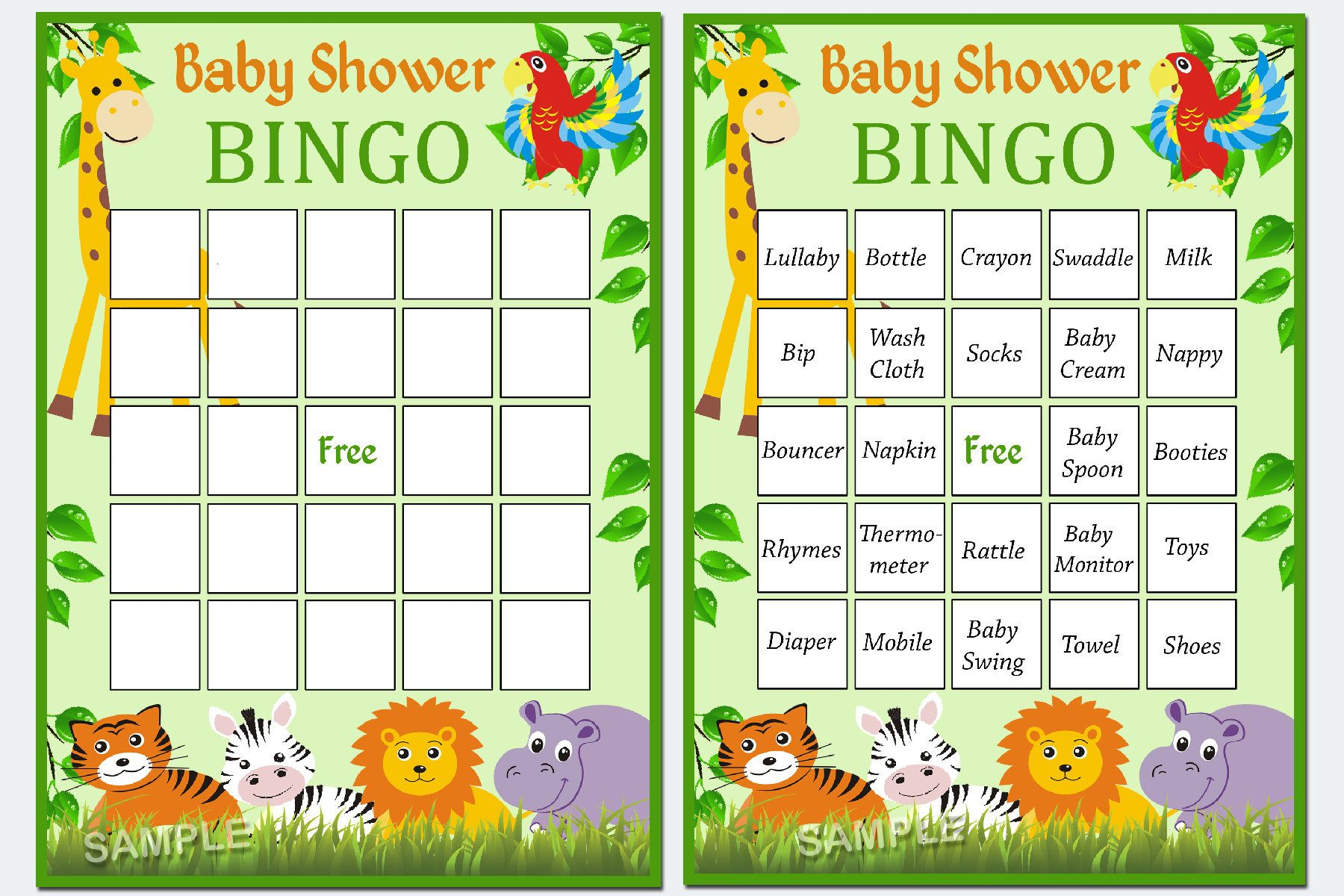 Jungle Baby Shower Bingo, 60 Jungle Baby Shower Bingo Cards