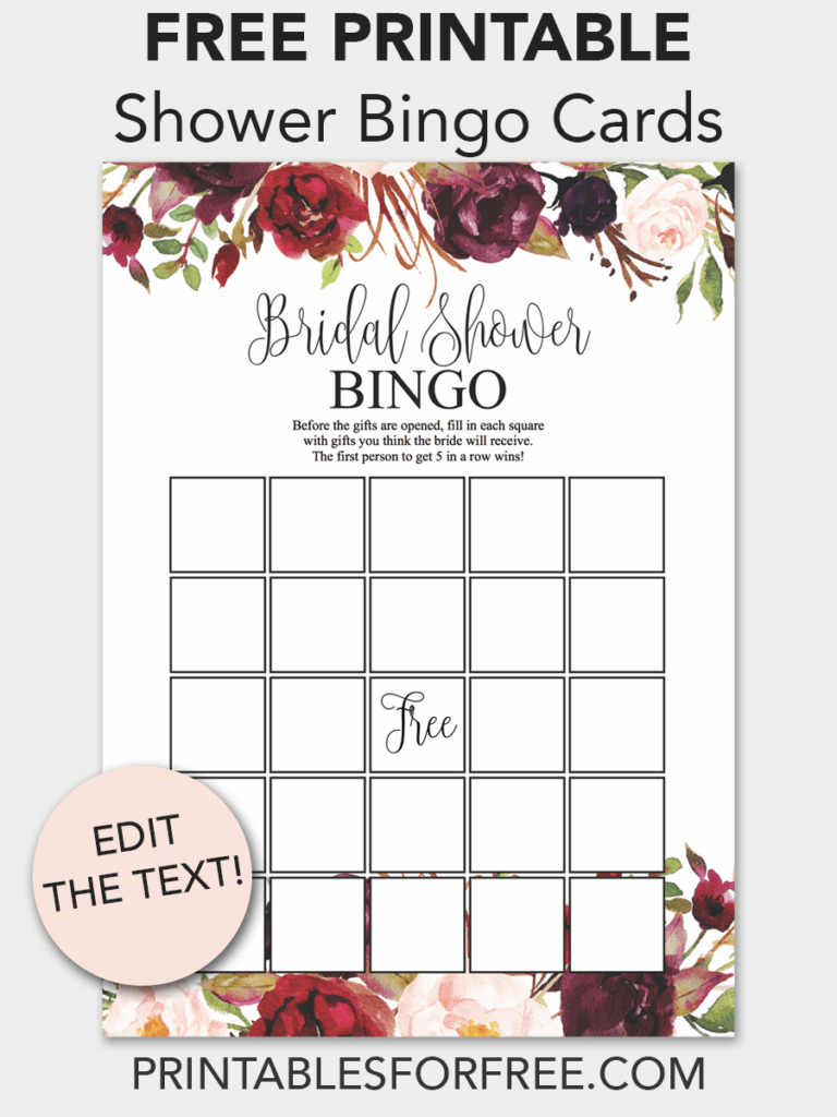 Marsala Printable Bridal Shower Bingo Cards | Bridal Shower