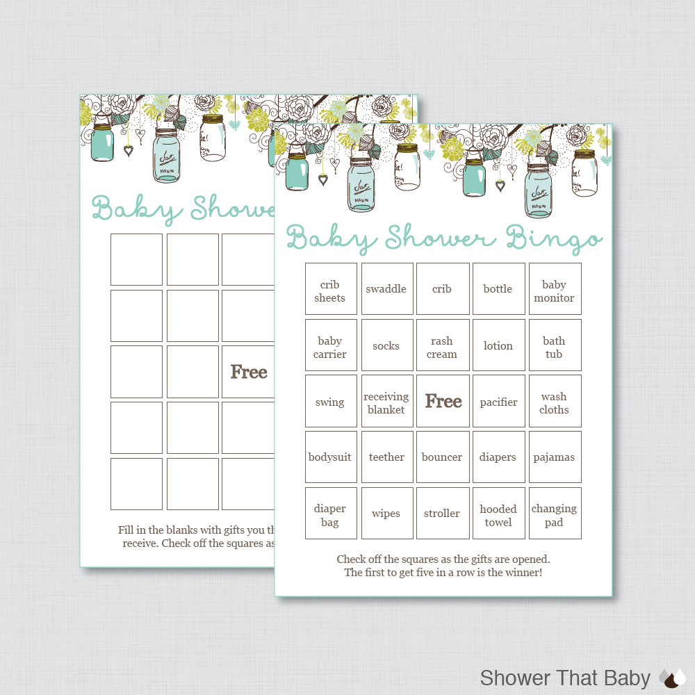 Mason Jar Baby Shower Bingo Cards Printable - Prefilled Bingo Cards And  Blank Cards In Blue Aqua Brown- Digital Instant Download - 0064-A
