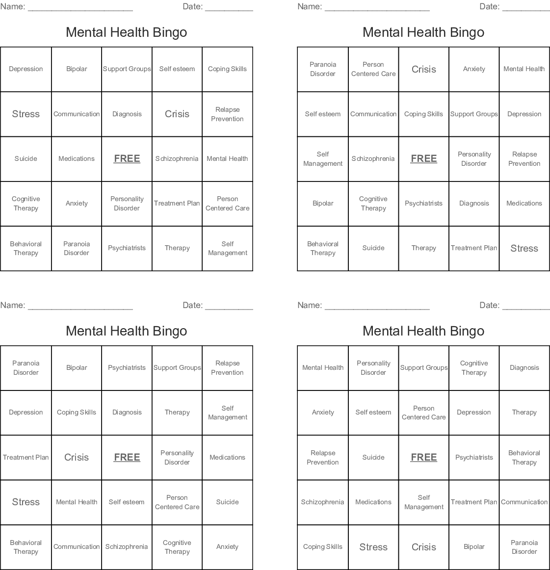 Mental Health Bingo - Wordmint