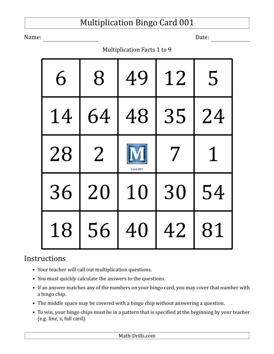 Multiplication Bingo Cards For Facts 1 To 9 (Cards 001 To