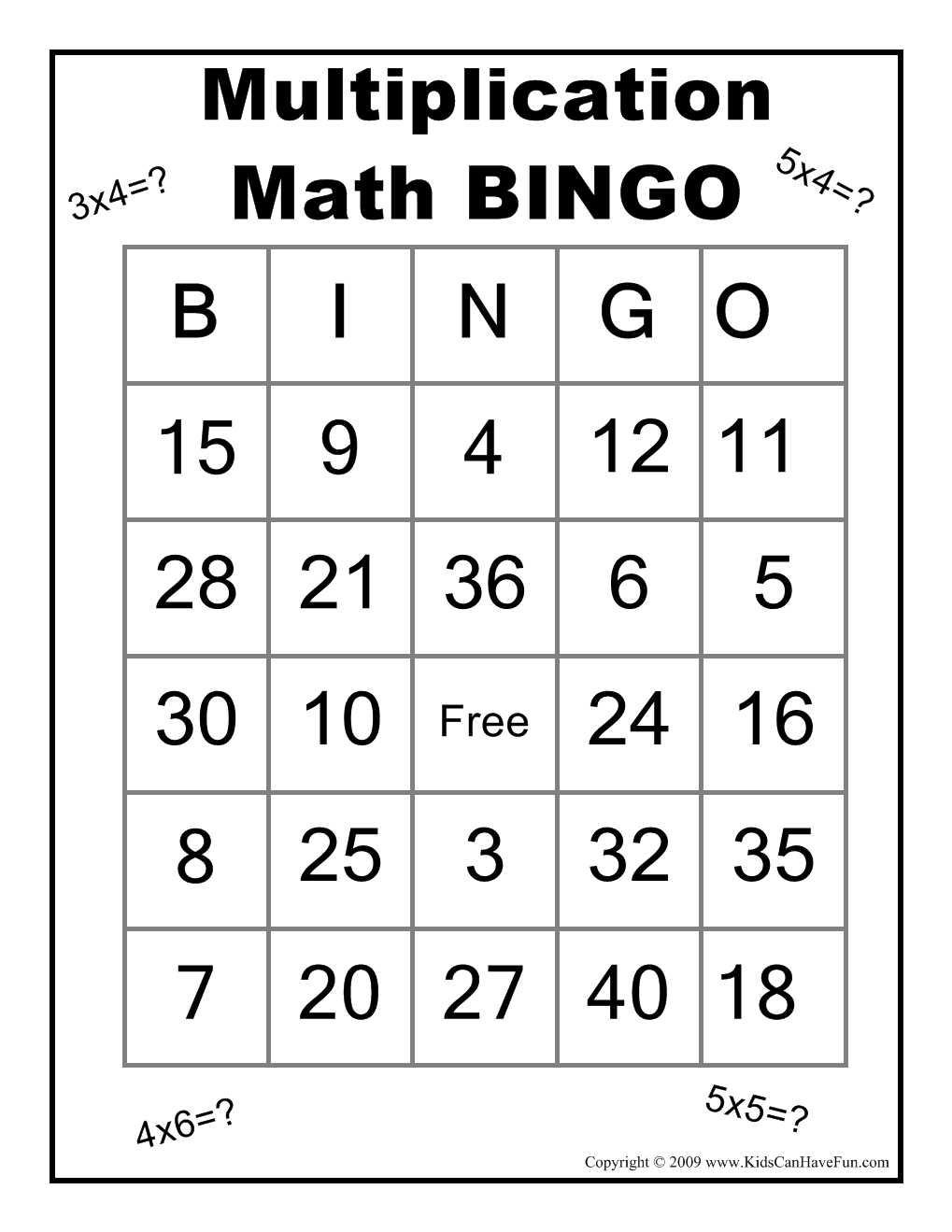 Multiplication Math Bingo Game Http://www.kidscanhavefun