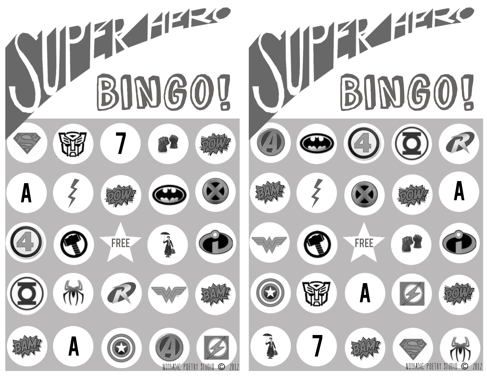 Nomadic Poetry Studio: Free Printable Super Hero Bingo Cards