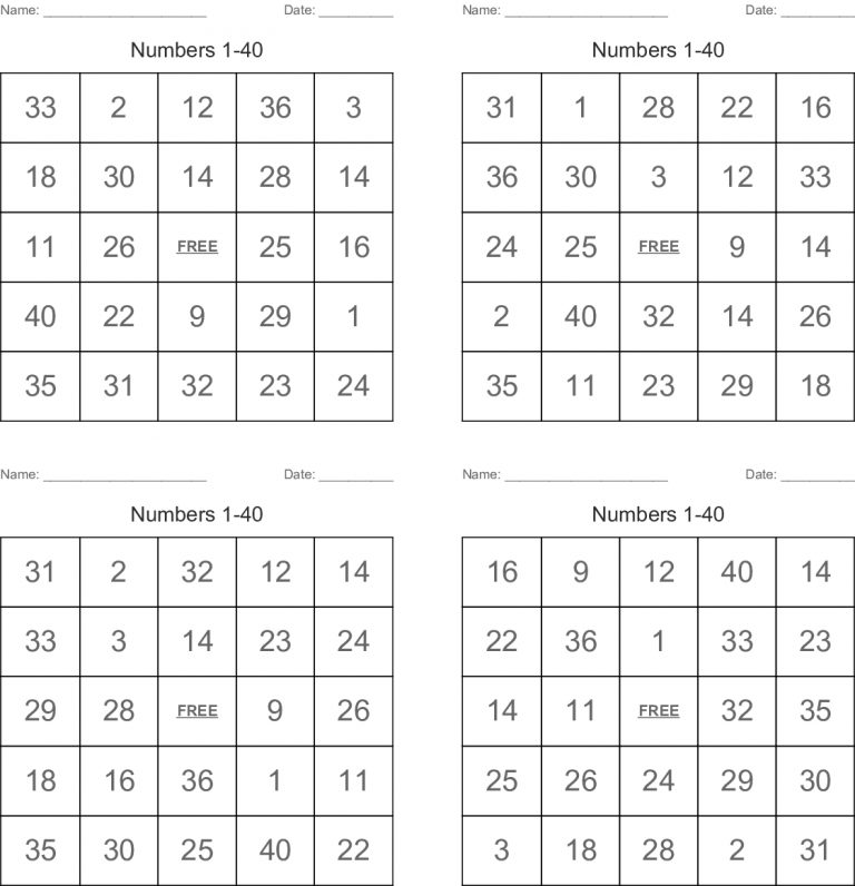 Numbers 140 Bingo Cards Wordmint Printable Bingo Cards