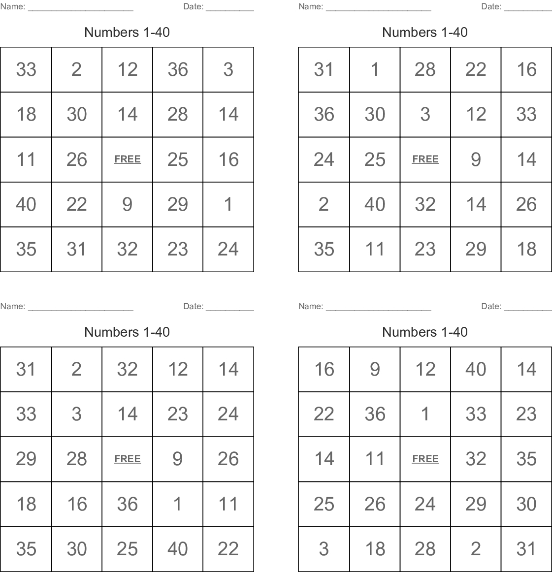 Numbers 1-40 Bingo Cards - Wordmint