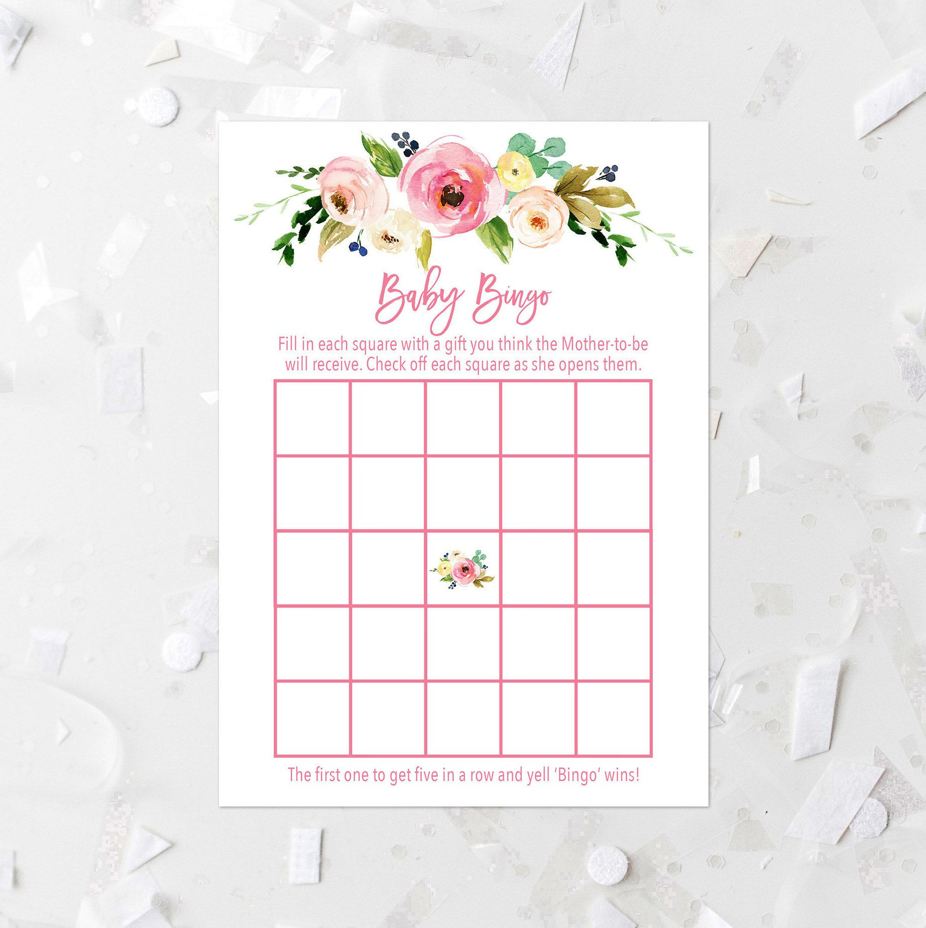 Pink Floral Baby Bingo Game, Printable, Bingo Card, Boho