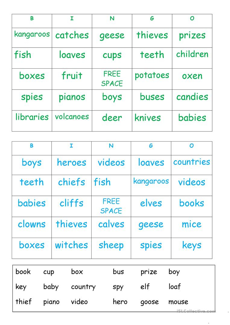 Plurals Bingo Cards - English Esl Worksheets For Distance